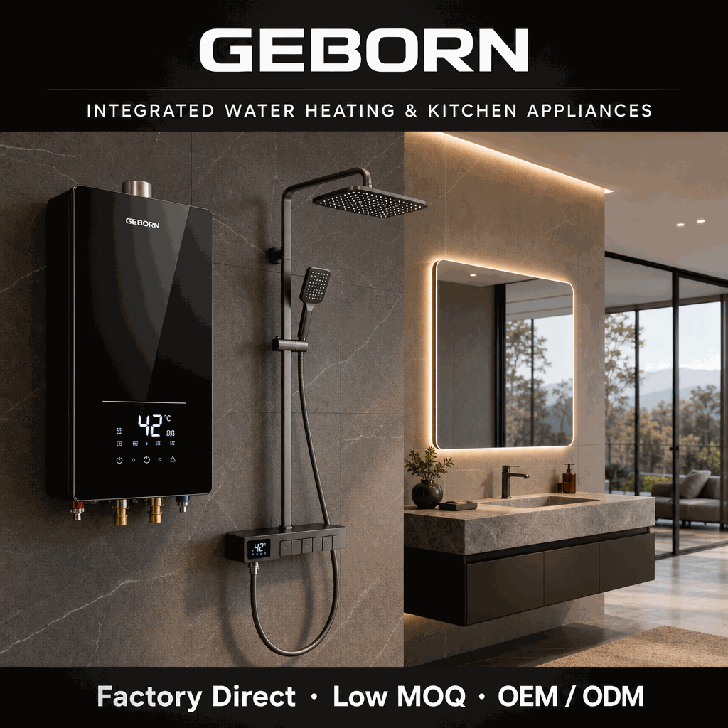 GEBORN tankless gas water heater in a dark stone bathroom