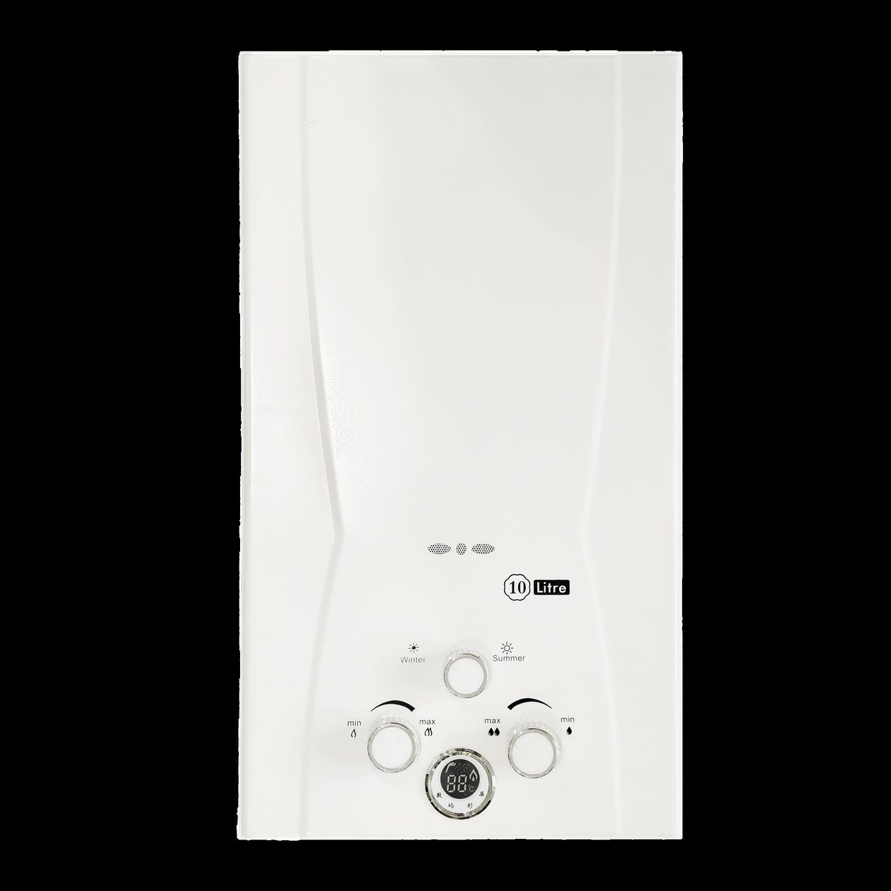 White portable gas water heater with three knobs and round digital display