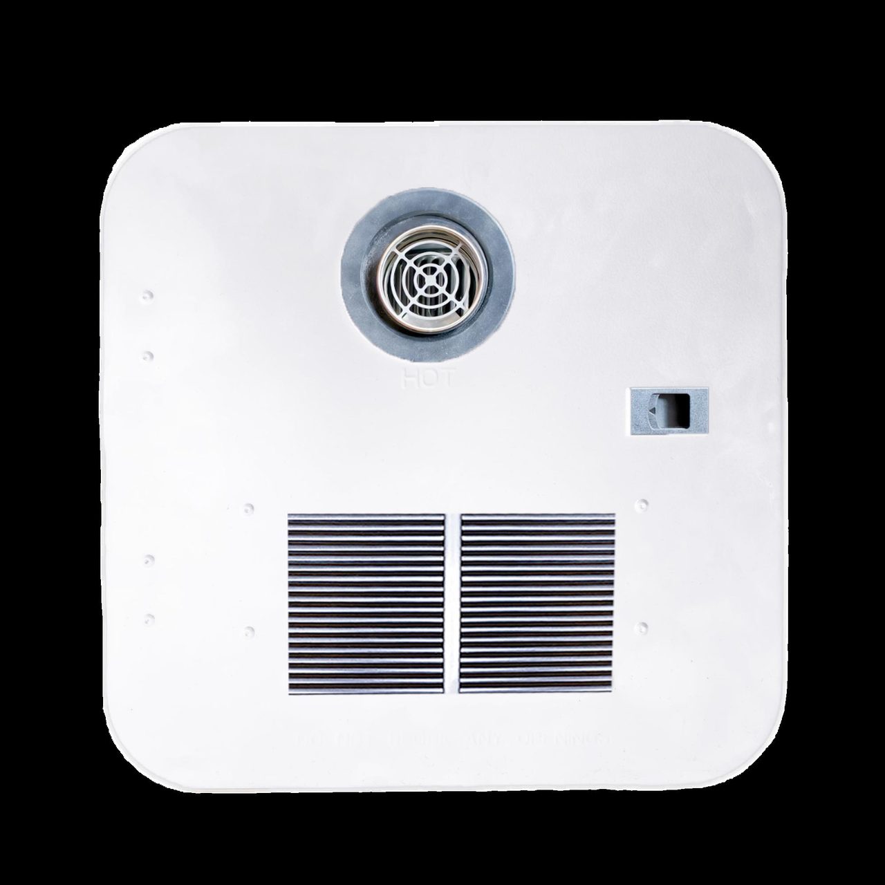 White RV water heater exterior panel with ventilation grilles