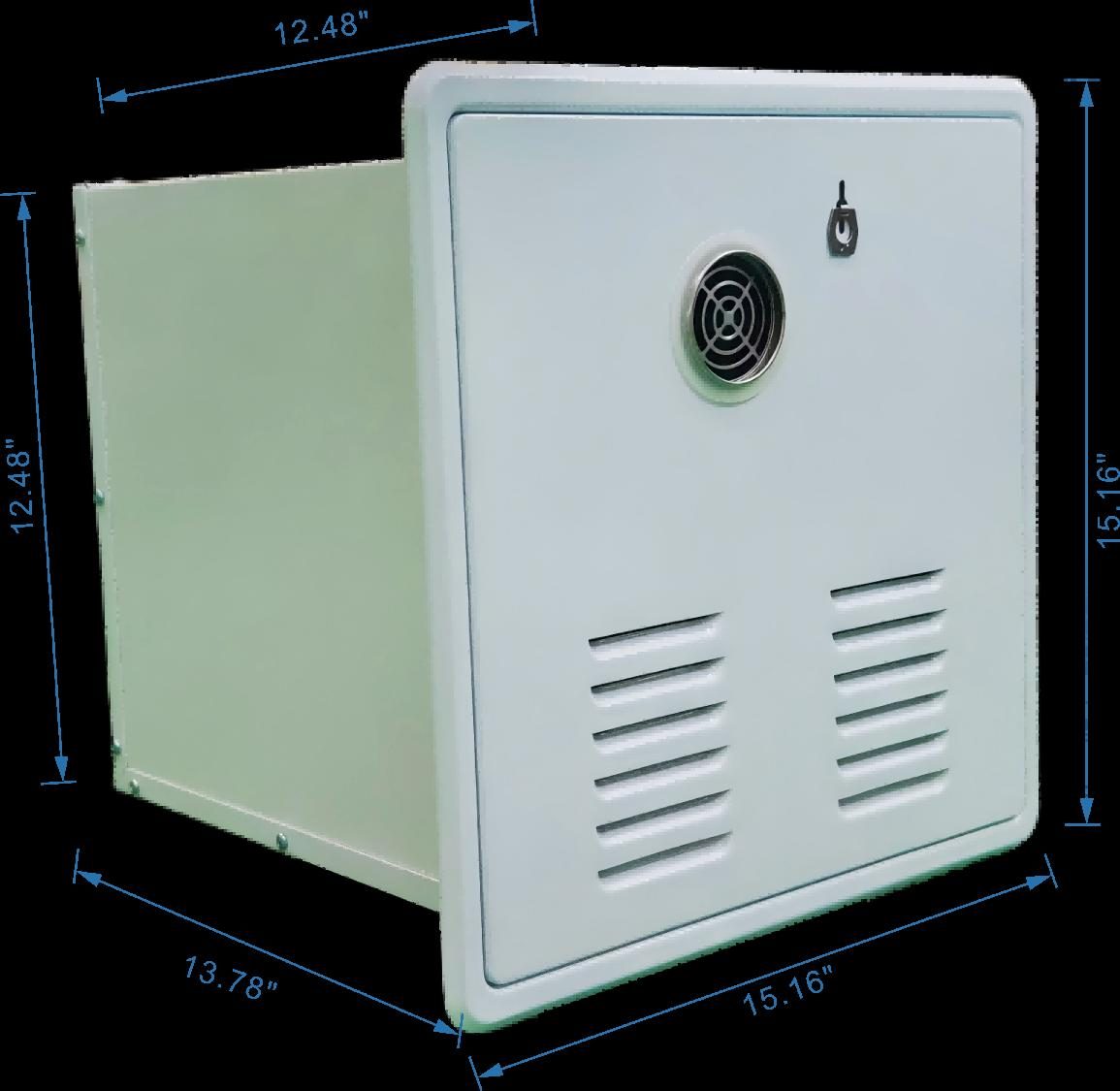 White RV water heater exterior access box with vents and lock