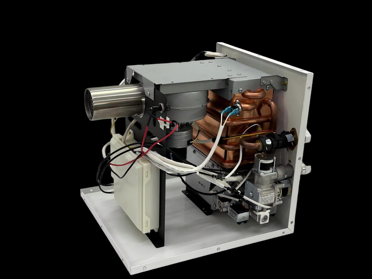 RV integrated water heater open-frame assembly with copper heat exchanger