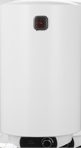 White vertical cylindrical storage electric water heater with two knobs and red indicator
