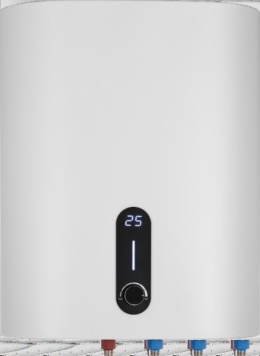 White vertical storage electric water heater with one knob and blue digital display