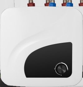 White compact storage electric water heater with one knob and multiple fittings
