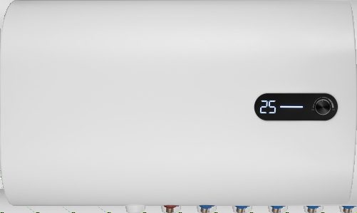 White under-sink storage electric water heater with one knob and blue digital display