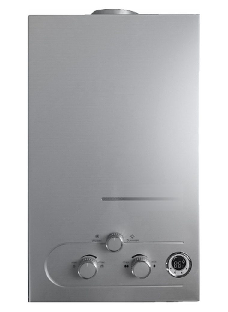 Stainless steel tankless gas water heater with three knobs and round digital display