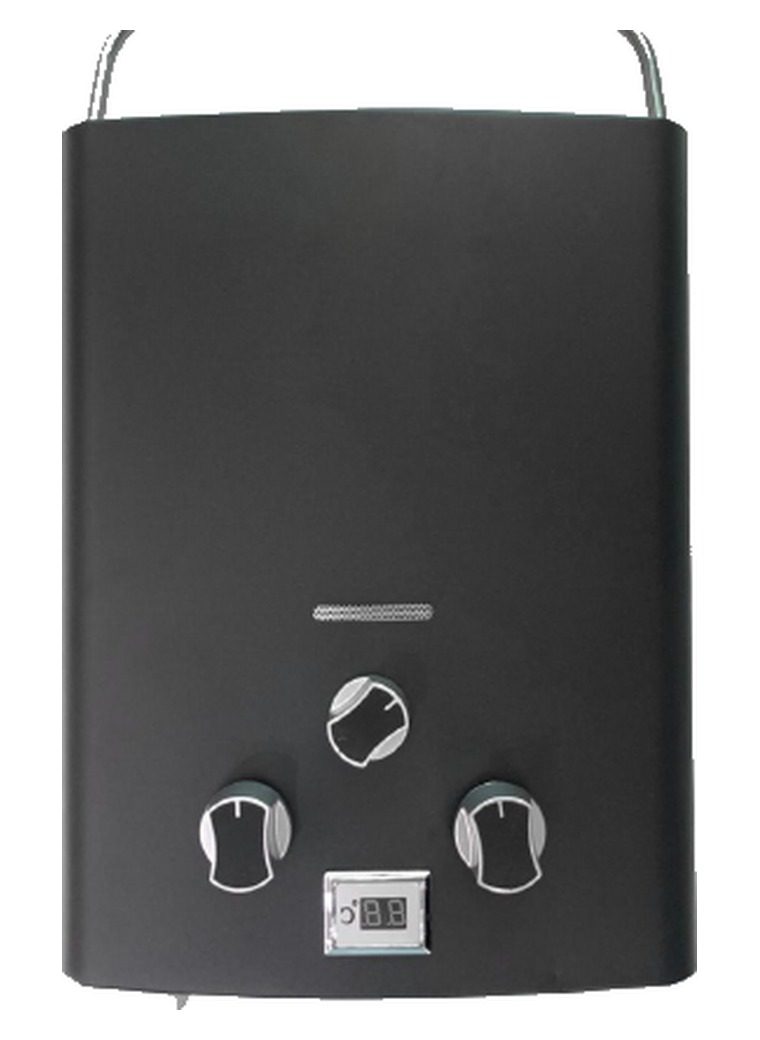 Black tankless gas water heater with three knobs, top handles and small LCD screen