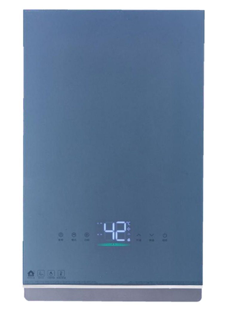 Navy blue tankless gas water heater with touch buttons and square blue LED display