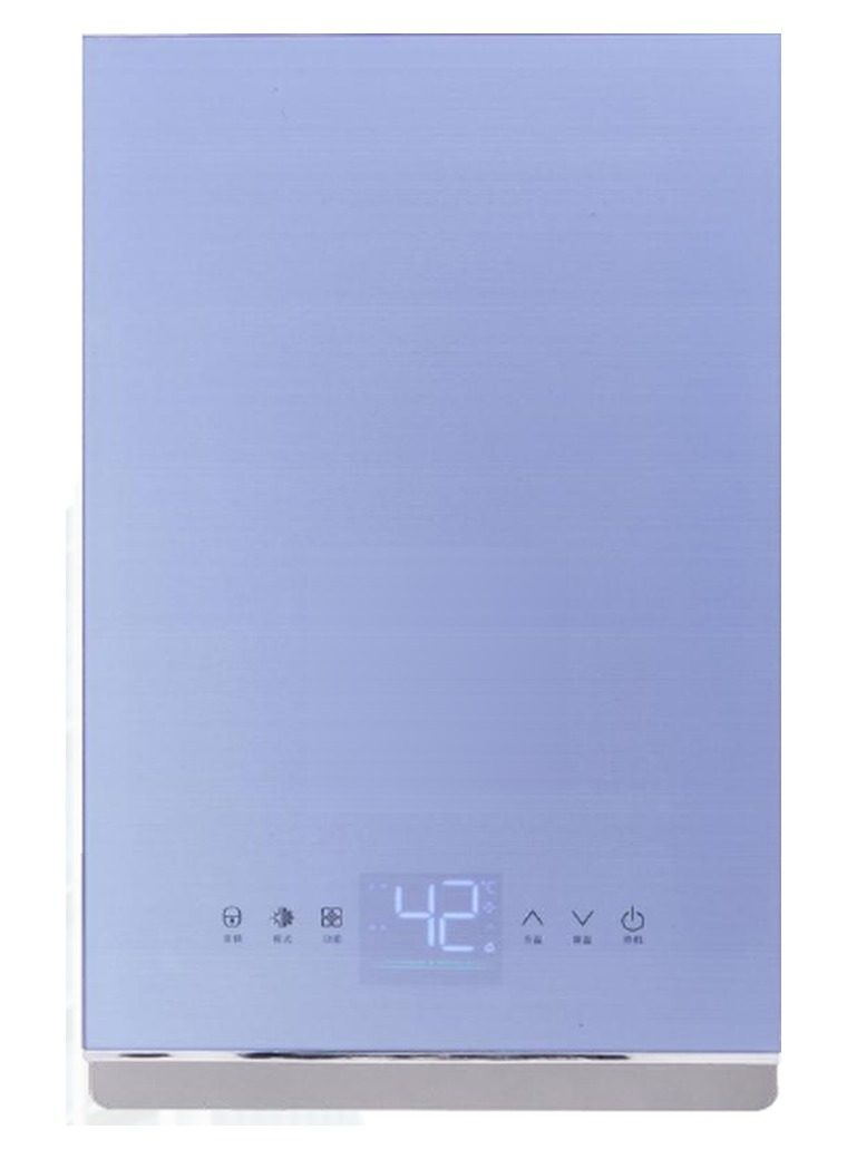 Blue glass tankless gas water heater with touch buttons and lit digital display