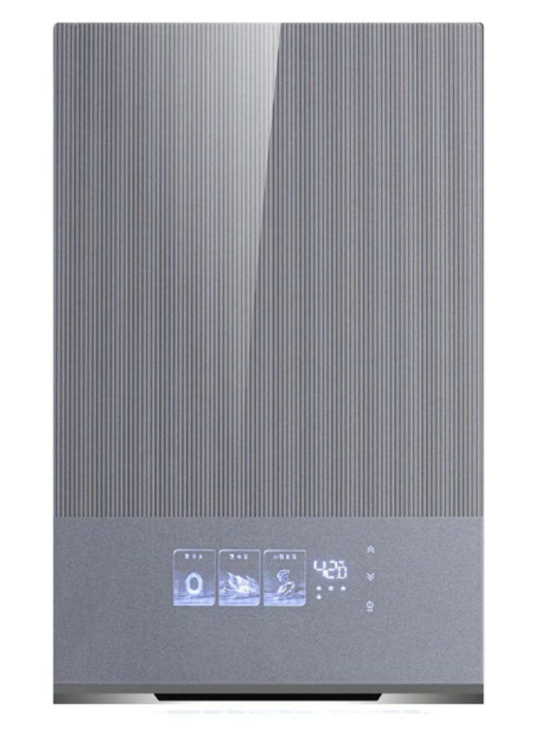 Brushed silver tankless gas water heater with icon touch panel and lit digital display