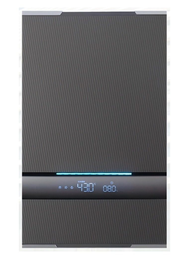 Gunmetal tankless gas water heater with horizontal blue light strip and digital readout