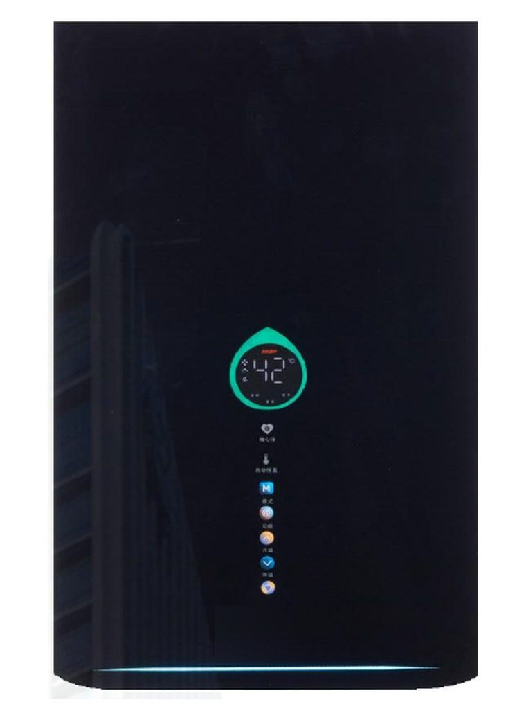 Black glass tankless gas water heater with rounded teal display and touch buttons