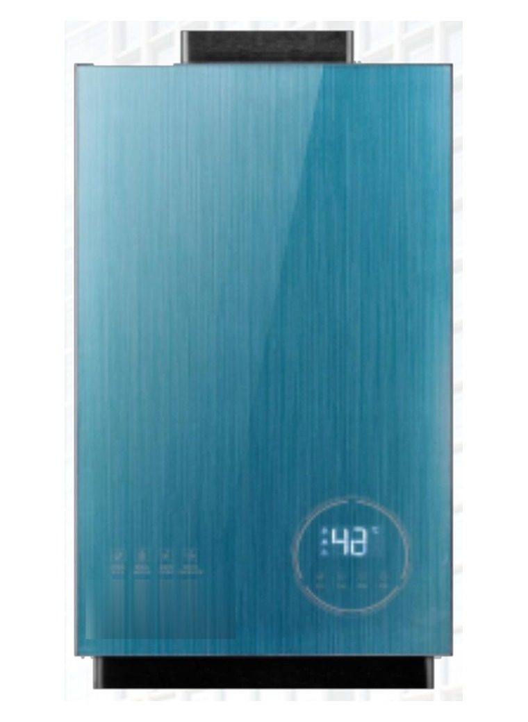 Blue tankless gas water heater with round lit display and touch buttons