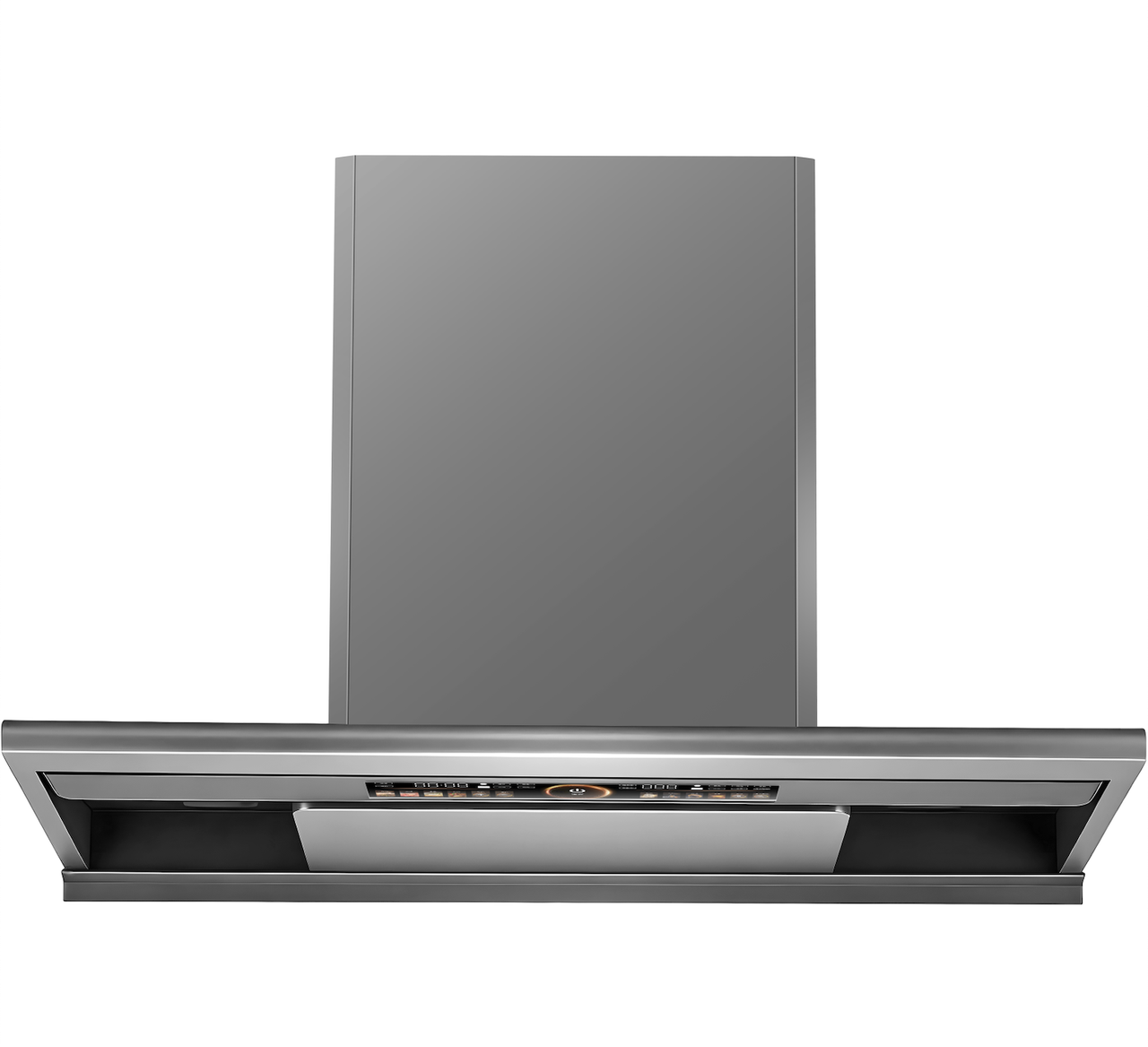 Gray range hood with full-width touch panel