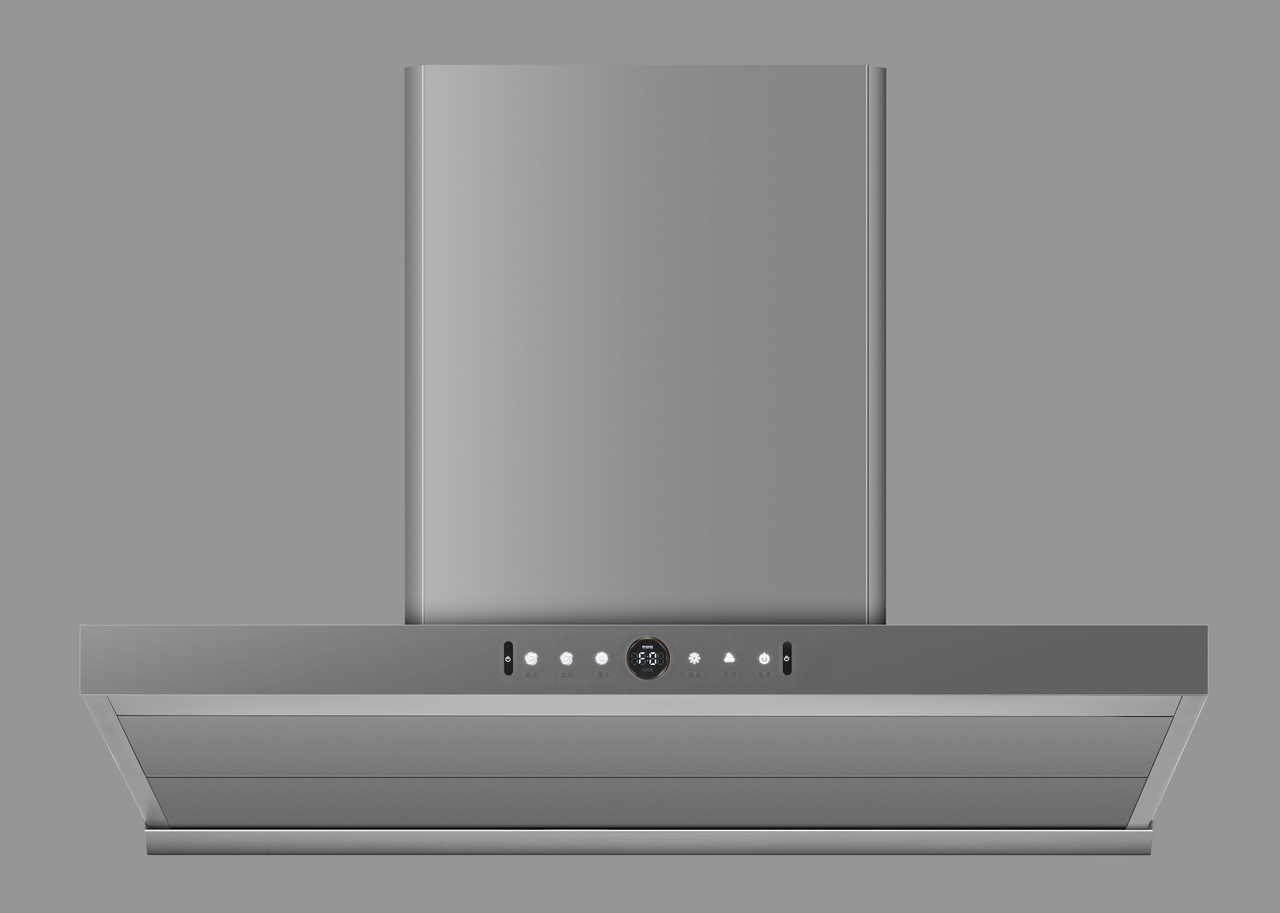 Silver range hood with round display and control keys
