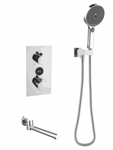 Chrome concealed shower set with two knobs, central digital display and spout