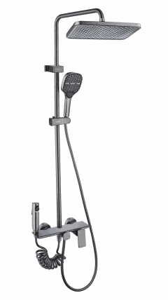 Gunmetal exposed shower set with rainfall head, handheld and shelf