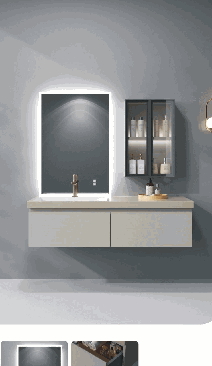 Floating bathroom vanity with stone countertop, LED mirror and side cabinet