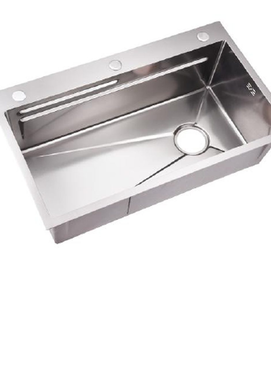 Stainless steel single-basin kitchen sink with ledge and three holes