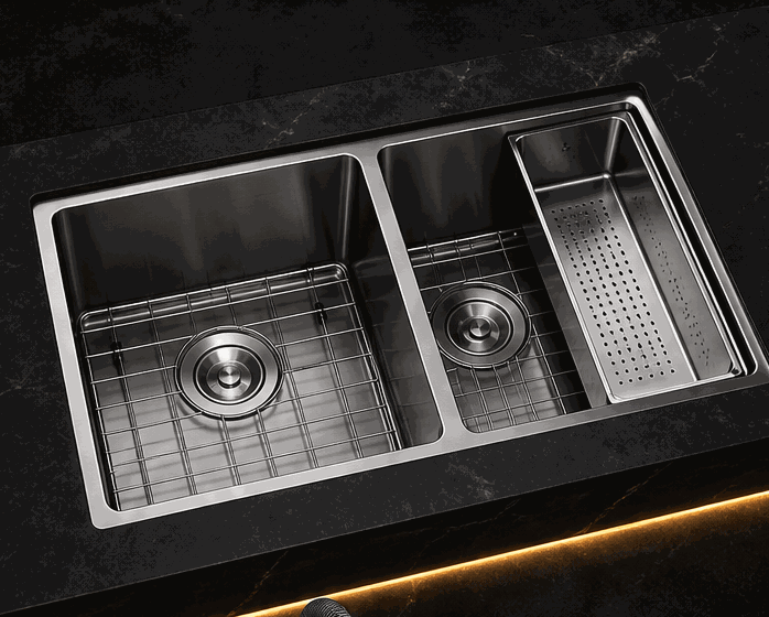 Double bowl stainless steel kitchen sink with draining basket