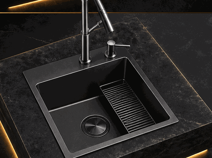 Black stainless kitchen sink with built-in drainer tray