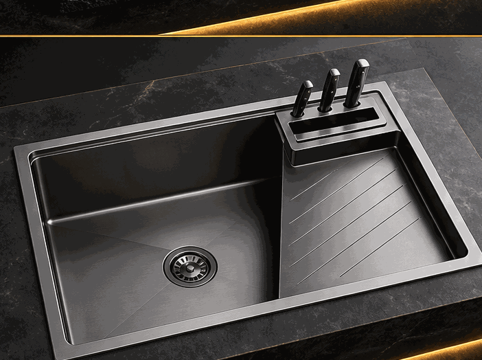 Stainless kitchen sink with integrated knife holder and draining board