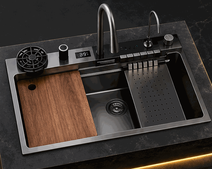 SUS304 stainless workstation kitchen sink with cutting board and digital faucet